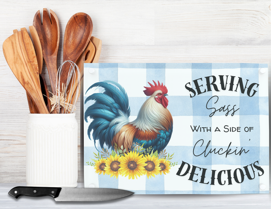 Blue Plaid Rooster Cutting Board