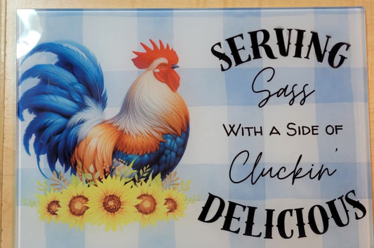 Blue Plaid Rooster Cutting Board