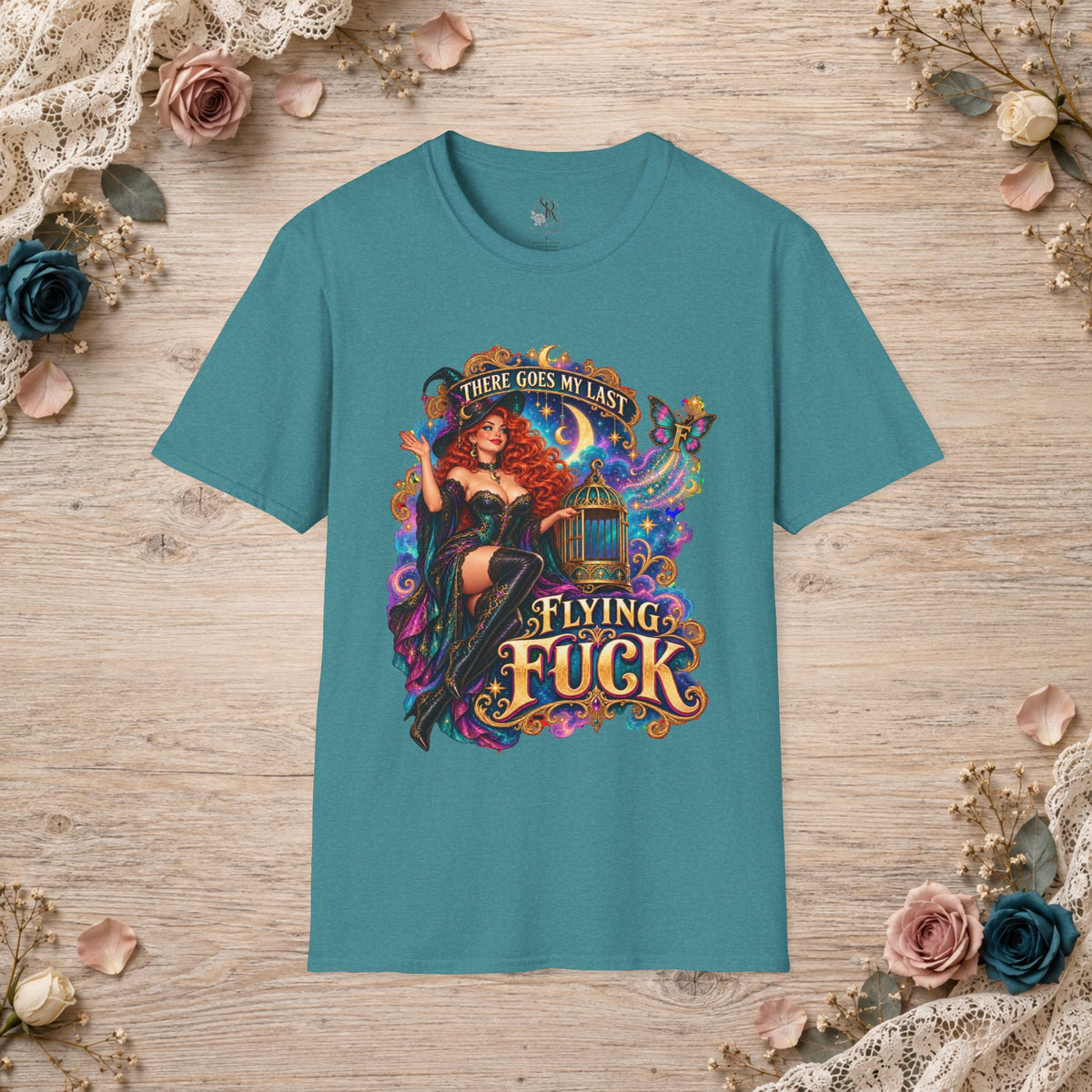 Heather Galapagos Blue T-shirt with There Goes My Last Flying Fuck witch artwork