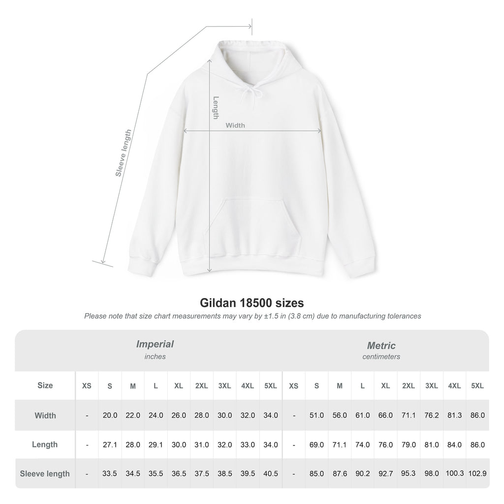 Gildan 18500 unisex hoodie size chart with garment measurements for sizes S through 5XL