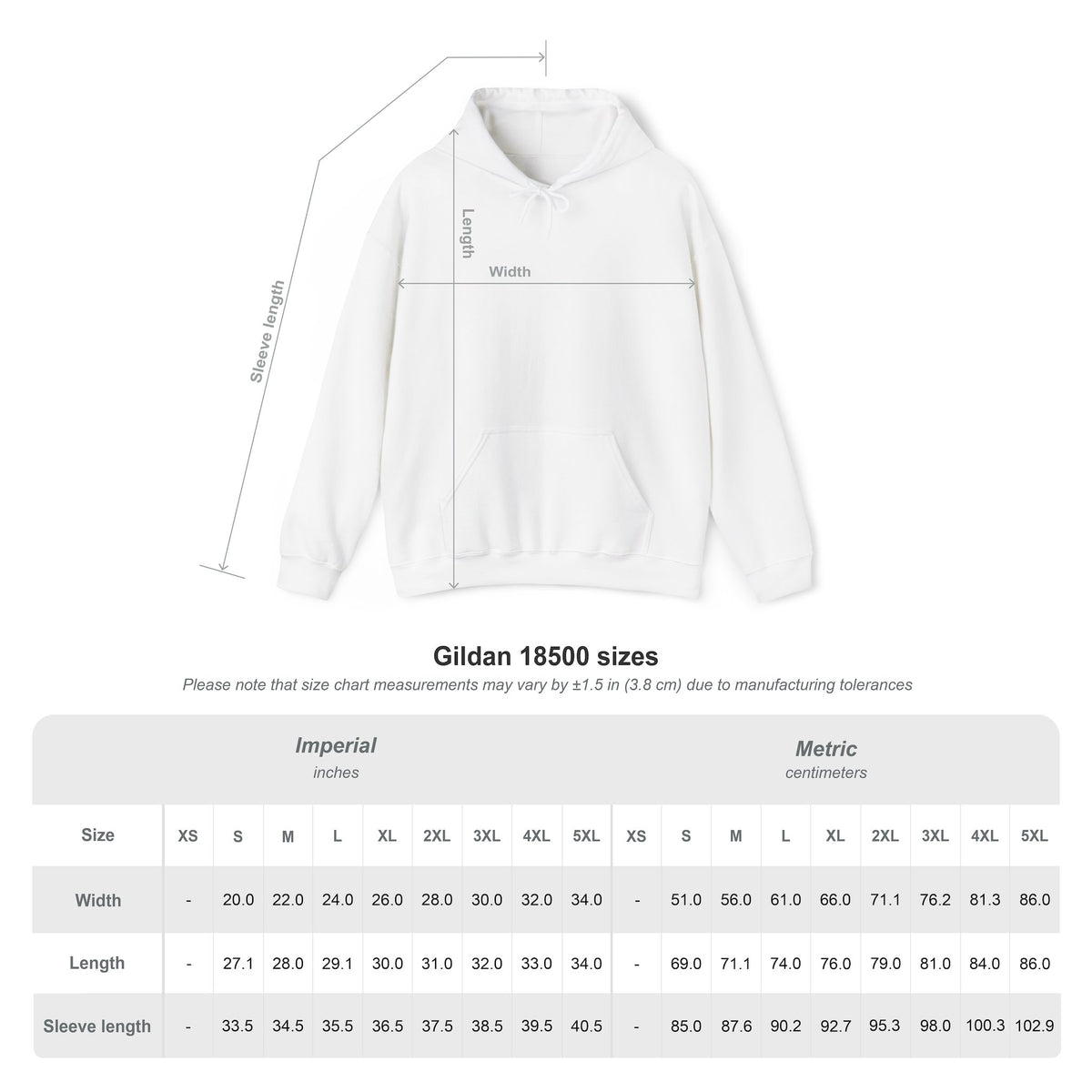 Gildan 18500 unisex hoodie size chart with garment measurements for sizes S through 5XL