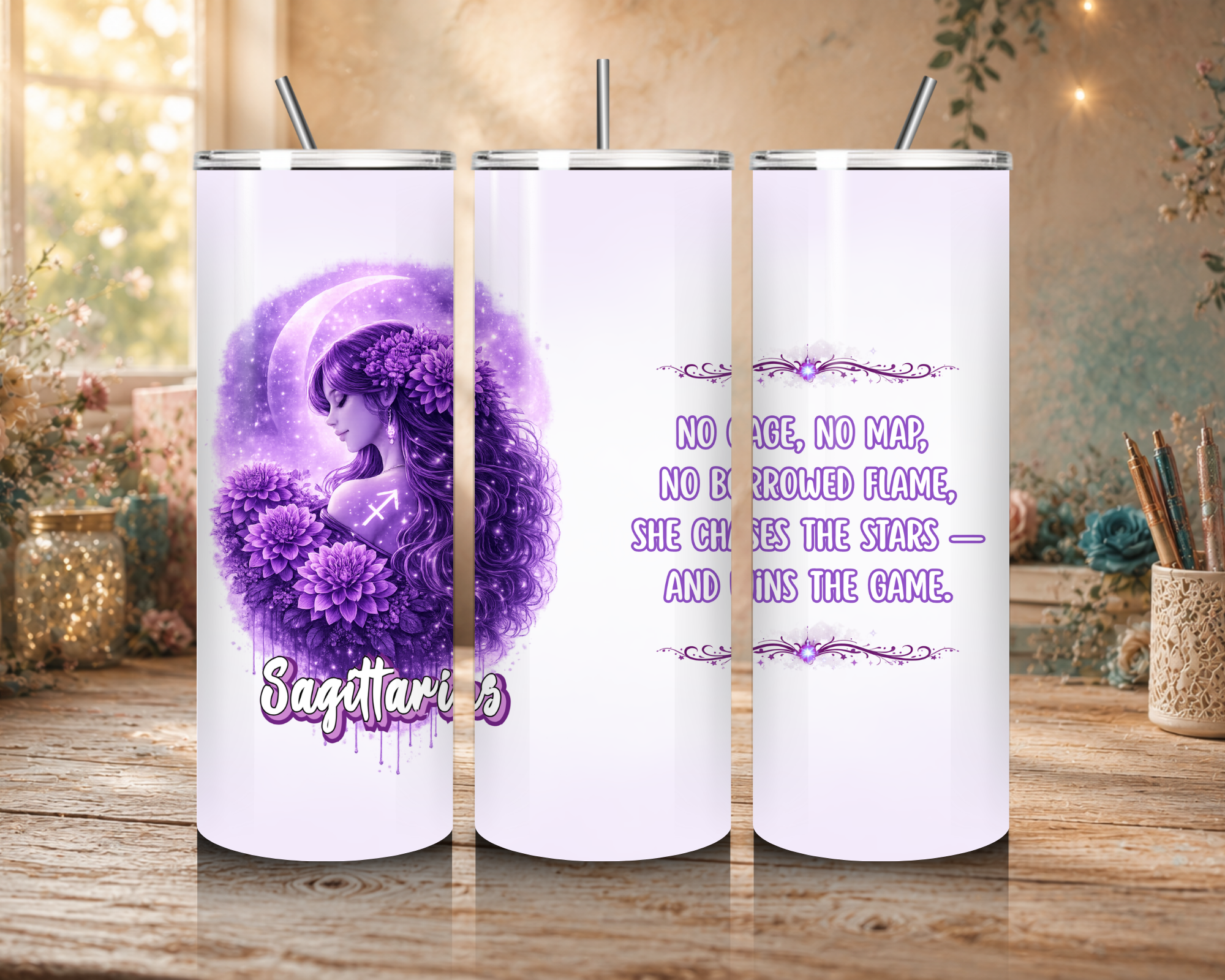 Sagittarius Goddess 20 oz tumbler featuring a purple celestial goddess, crescent moon, flowers, Sagittarius symbol, and zodiac affirmation.