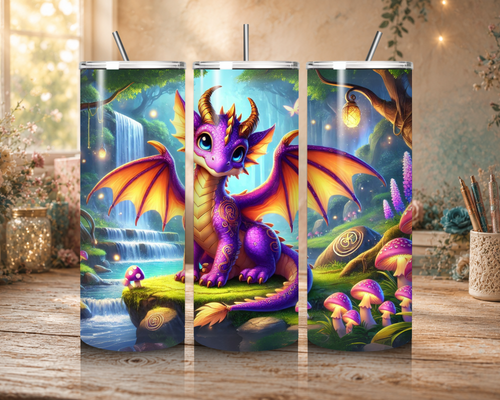 Purple and gold amethyst dragon in an enchanted forest with waterfalls, glowing lanterns and colorful mushrooms on a 20 oz tumbler design.