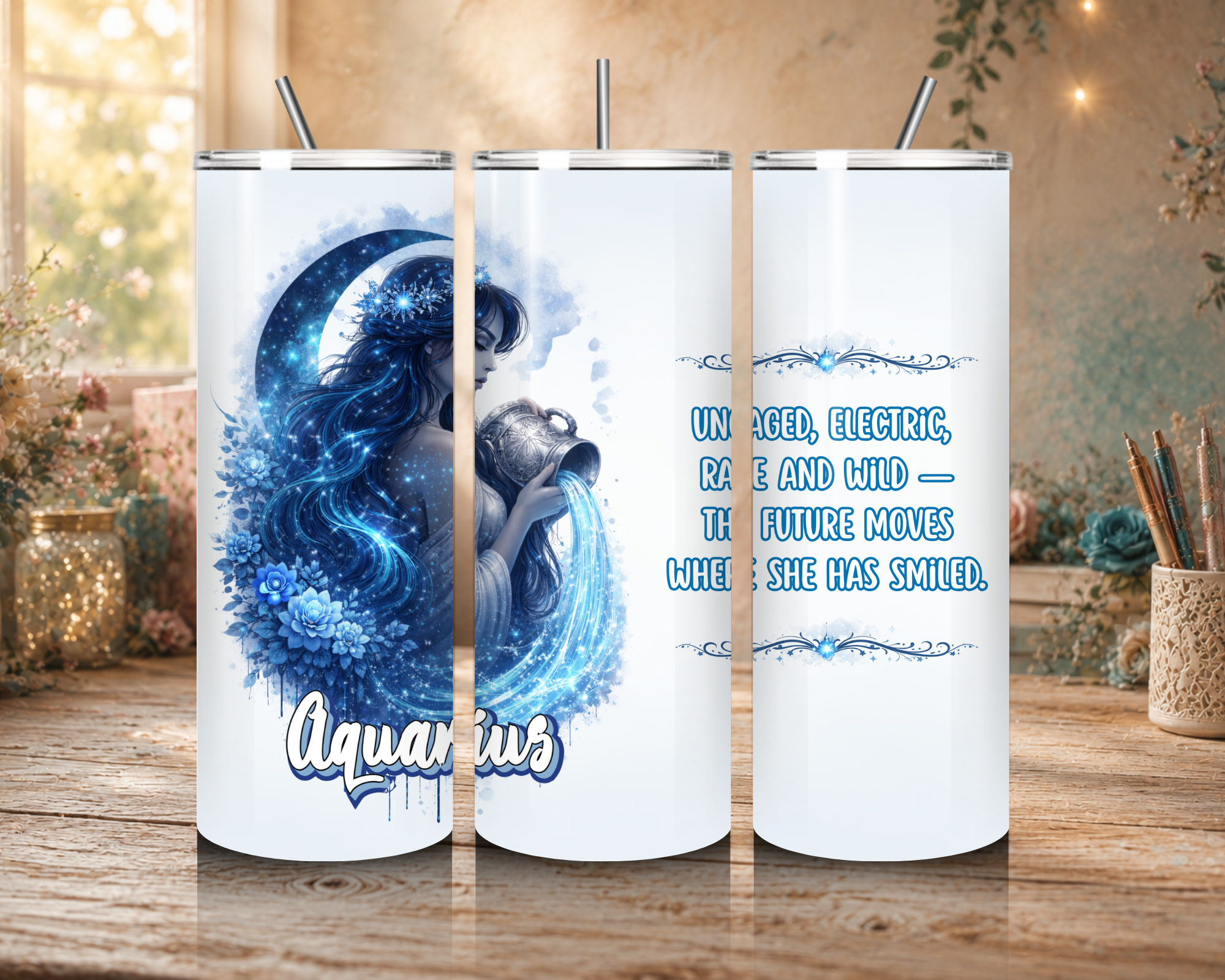 Aquarius Goddess Zodiac 20 oz tumbler featuring blue celestial artwork and an Aquarius affirmation.