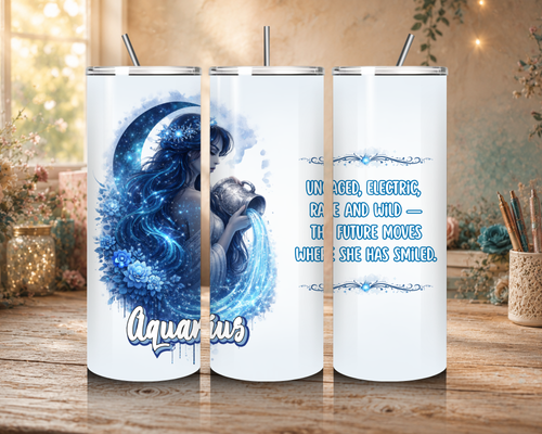 Aquarius Goddess Zodiac 20 oz tumbler featuring blue celestial artwork and an Aquarius affirmation.