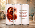 Aries Goddess 20 oz tumbler featuring a fiery ram-horned goddess, red roses, glowing celestial artwork, and the Aries name.