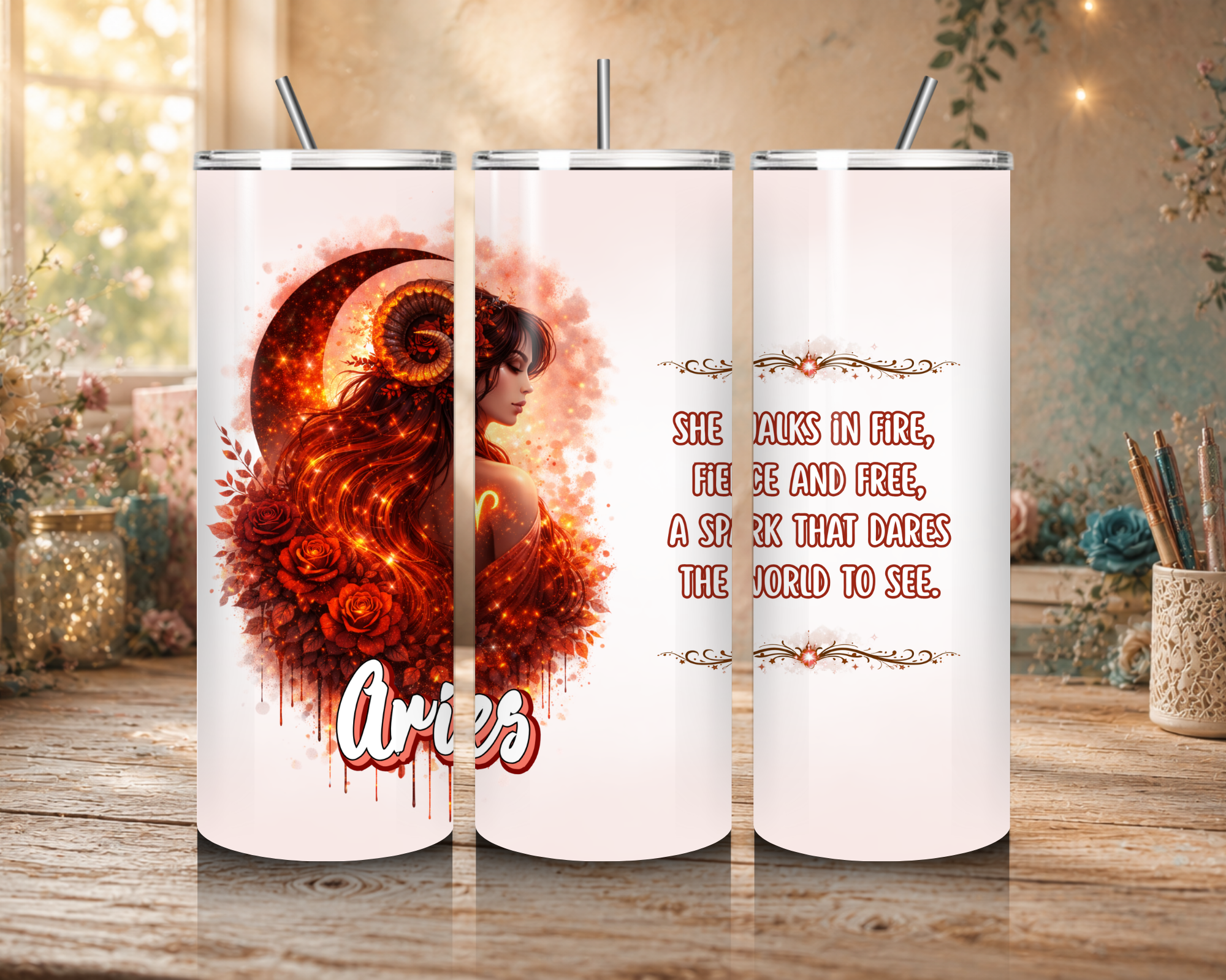 Aries Goddess 20 oz tumbler featuring a fiery ram-horned goddess, red roses, glowing celestial artwork, and the Aries name.