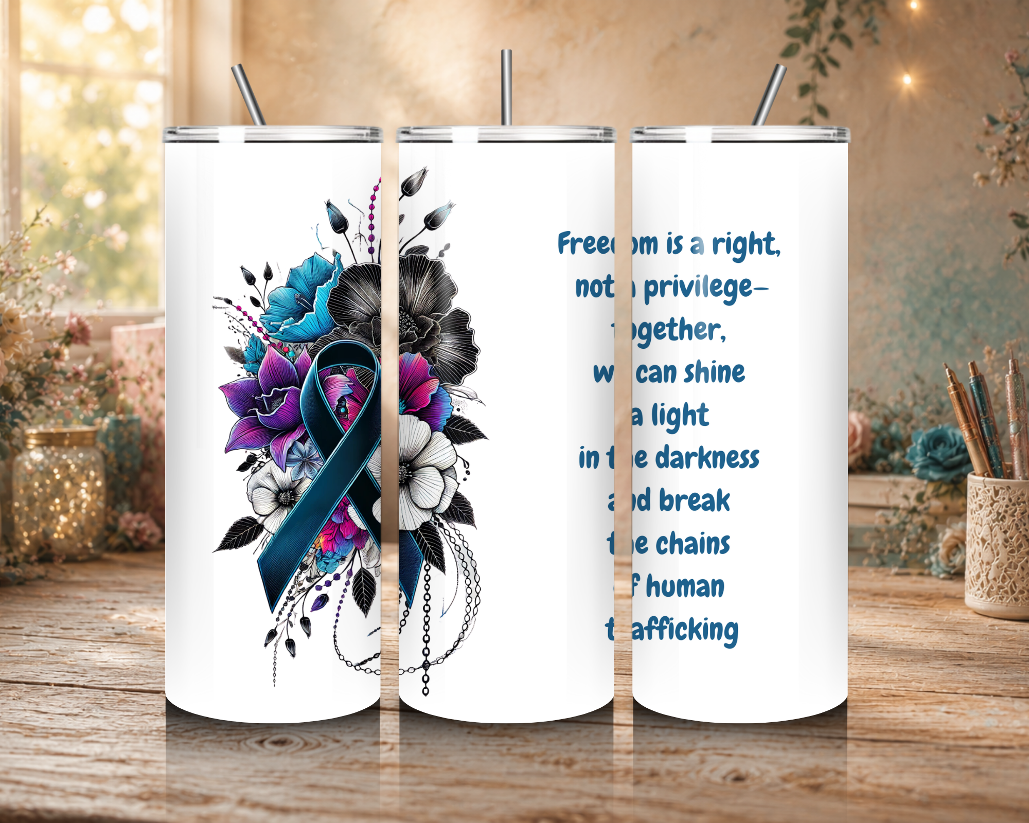 Break the Chains Human Trafficking Awareness tumbler design featuring a blue awareness ribbon, colorful flowers, broken chains, and a message supporting freedom.