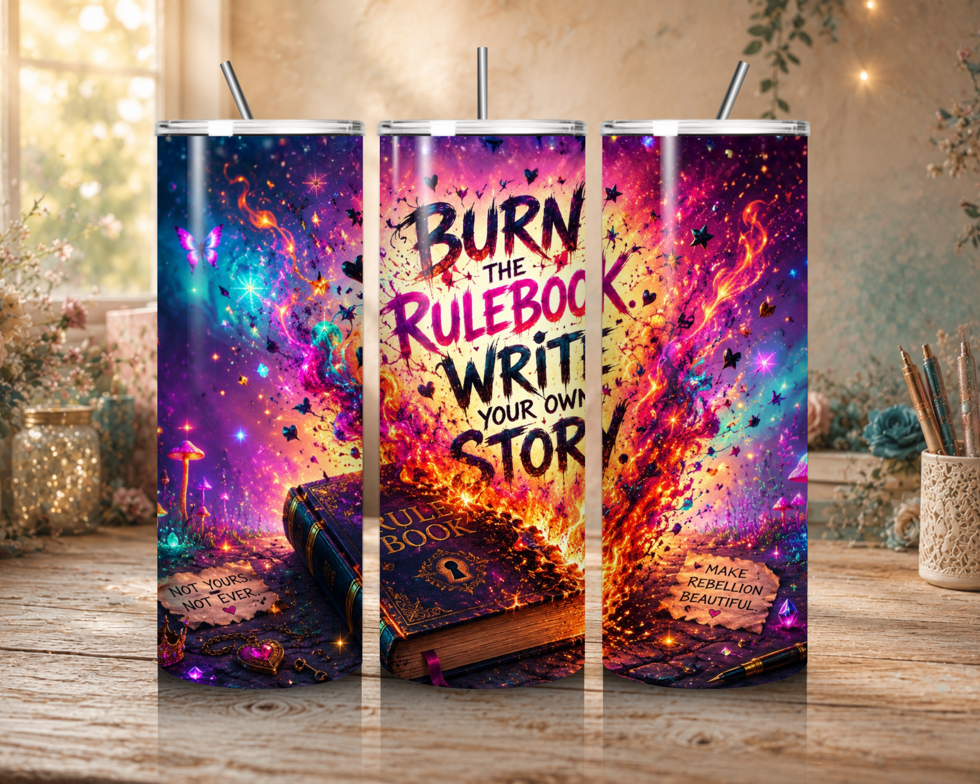 Burn the Rulebook 20 oz tumbler design with a flaming book, vibrant blue and purple cosmic artwork, and the quote “Write Your Own Story.”