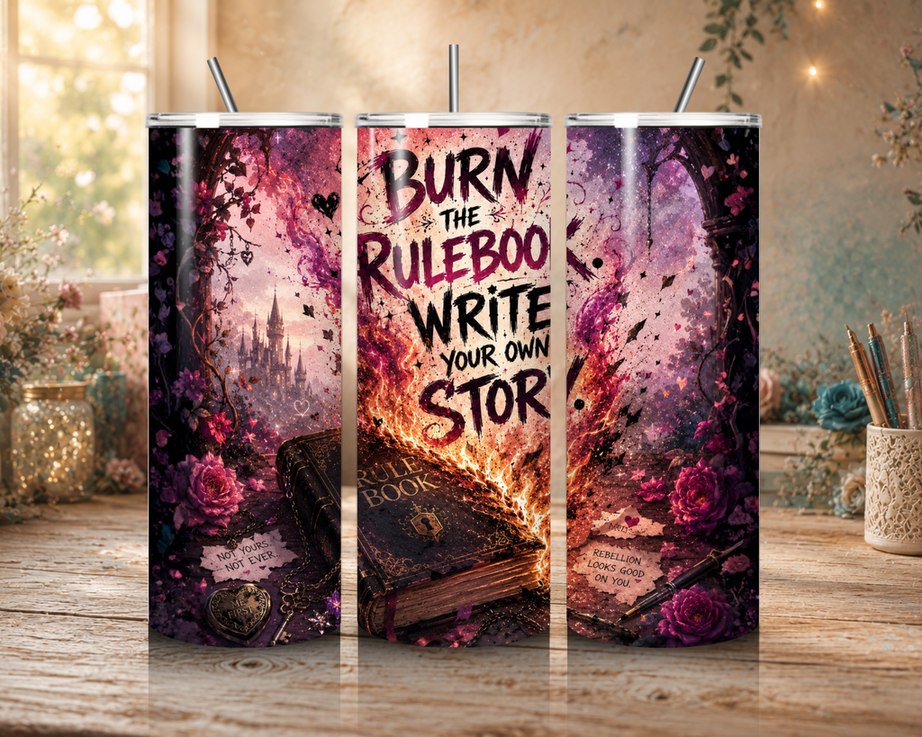 Burn the Rulebook 20 oz tumbler design with a flaming book, pink roses, and the quote “Write Your Own Story.”