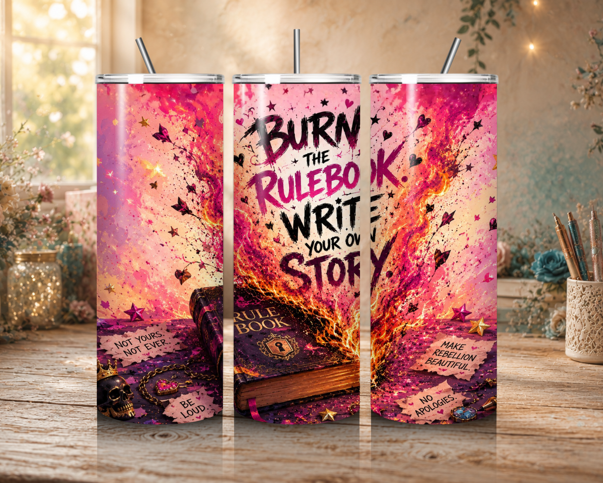 Burn the Rulebook 20 oz tumbler design with a flaming book, scattered pages, pink florals, and the quote “Write Your Own Story.”
