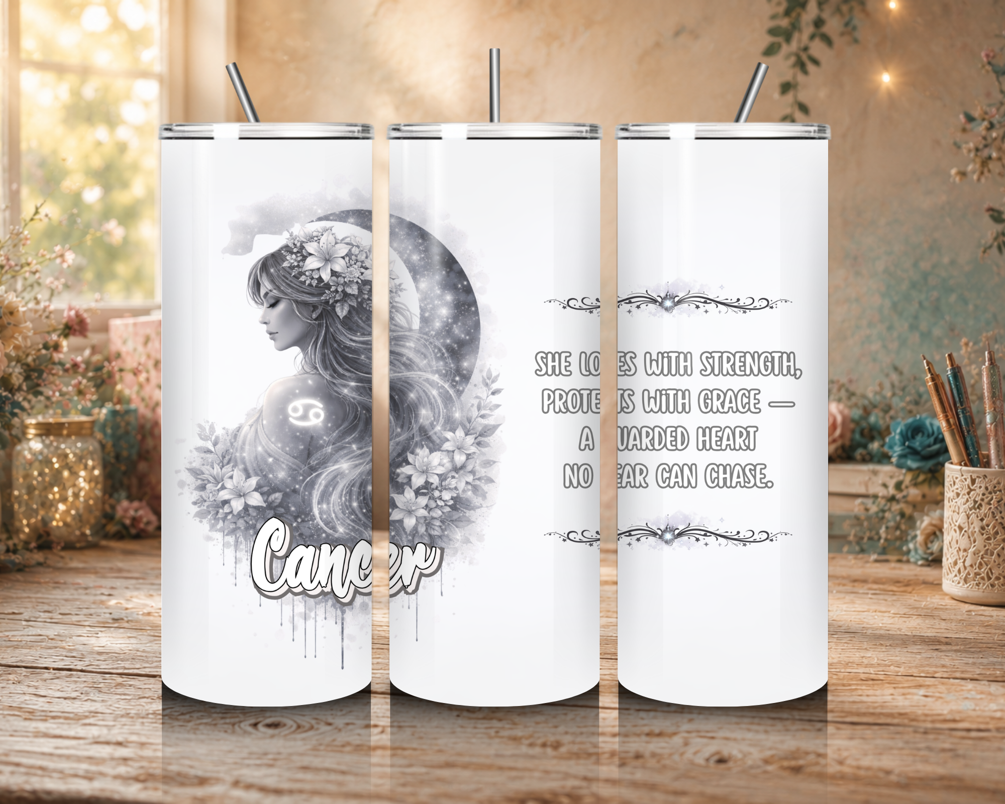 Cancer Goddess Zodiac 20 oz tumbler featuring silver and white celestial artwork and an Cancer affirmation.