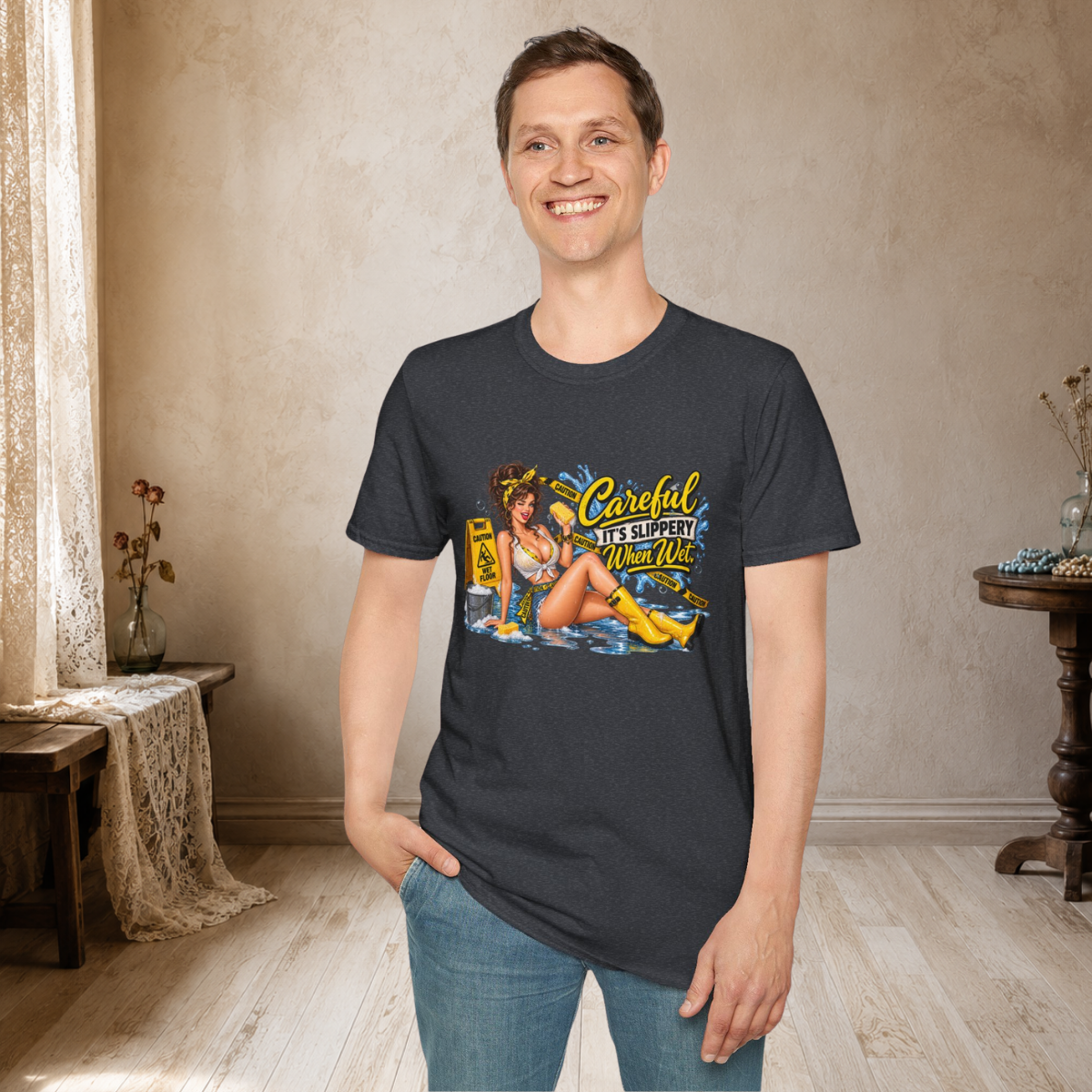 Male model wearing a black Careful It’s Slippery When Wet vintage pin-up T-shirt