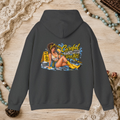 Back of a dark heather unisex hoodie featuring the Careful It’s Slippery When Wet vintage pin-up design