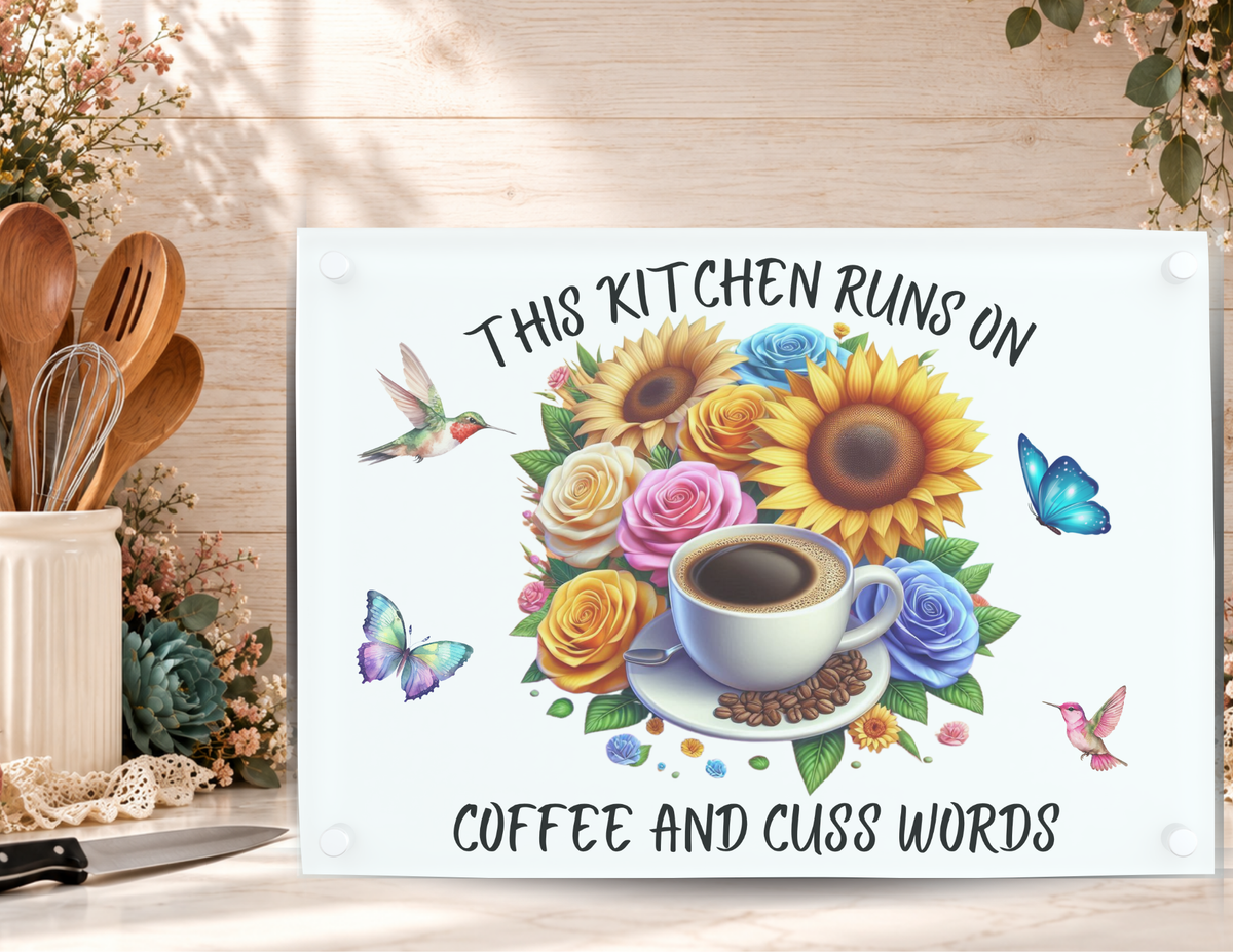 Coffee and Cuss Words tempered glass cutting board displayed with a kitchen knife, utensils, and floral accents