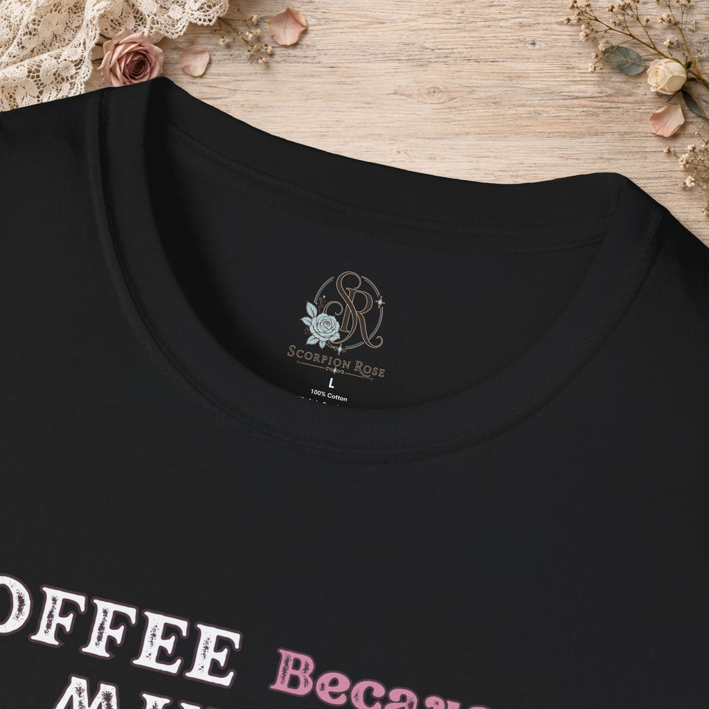 Close-up of the Black Coffee Because Murder Is Wrong T-shirt neckline and printed design