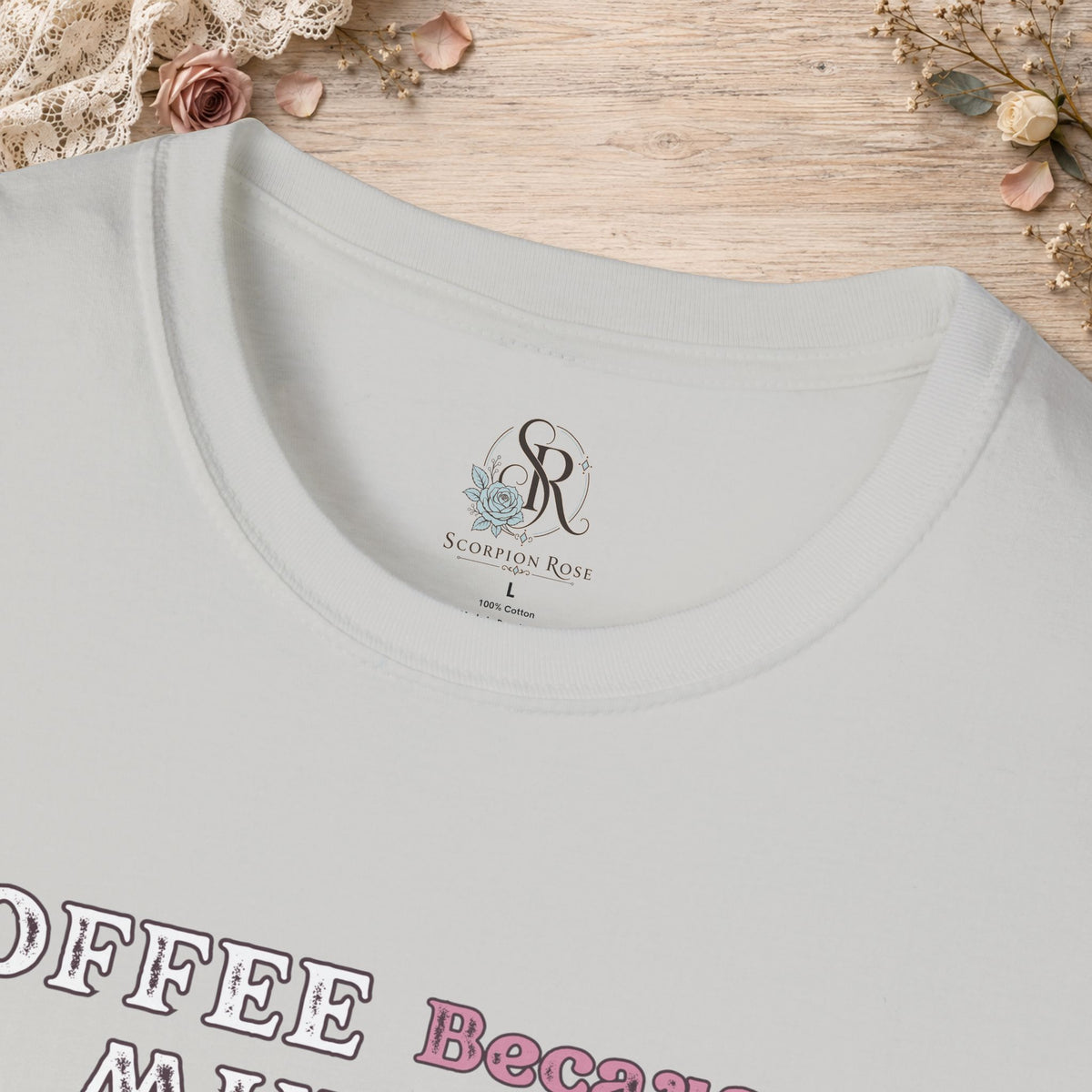 Close-up of the Ice Grey Coffee Because Murder Is Wrong T-shirt neckline and printed artwork