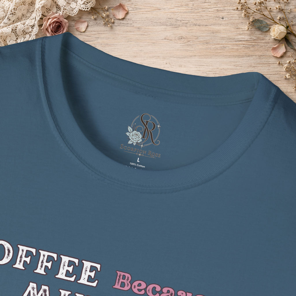 Close-up of the Indigo Blue Coffee Because Murder Is Wrong T-shirt neckline and printed design print