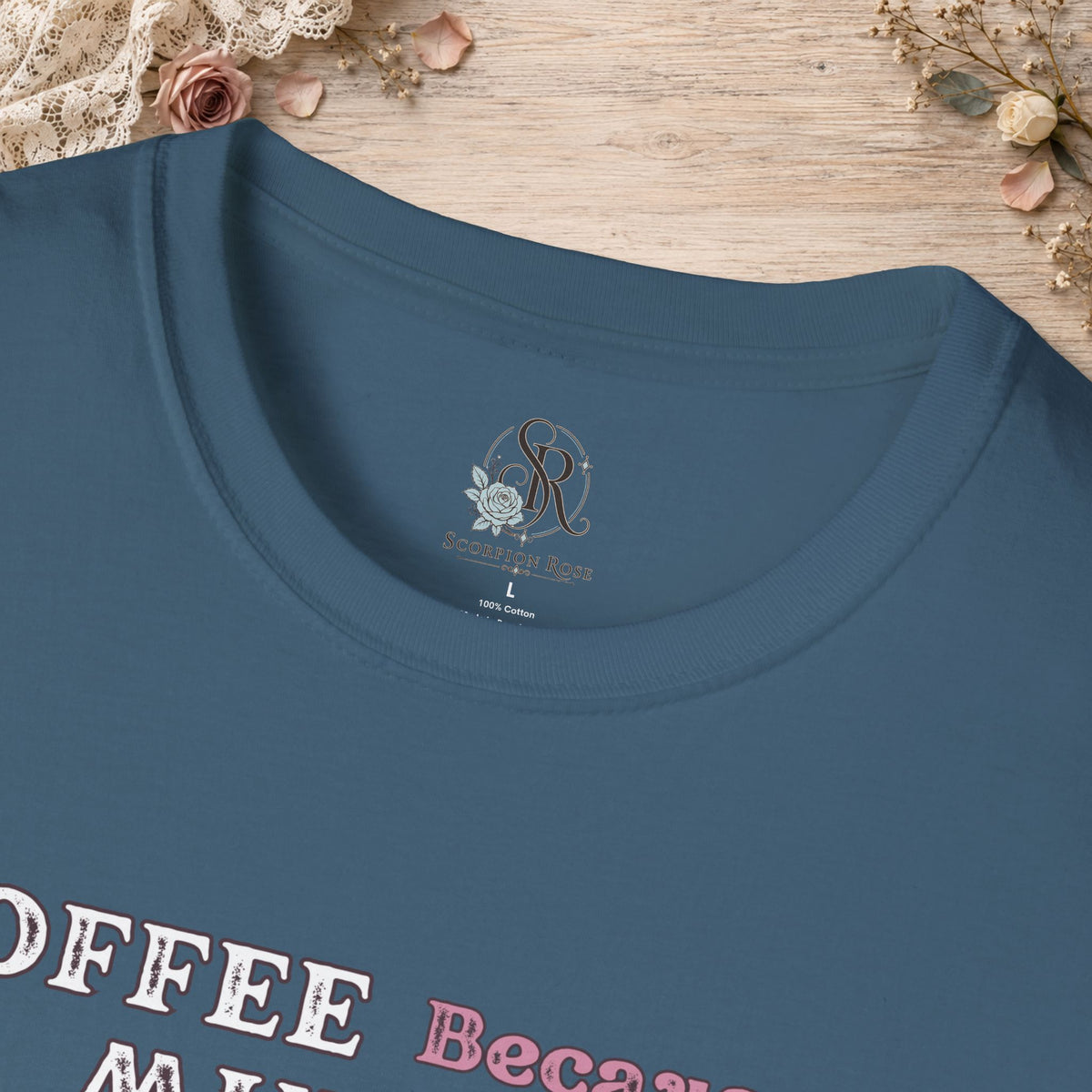 Close-up of the Indigo Blue Coffee Because Murder Is Wrong T-shirt neckline and printed design print