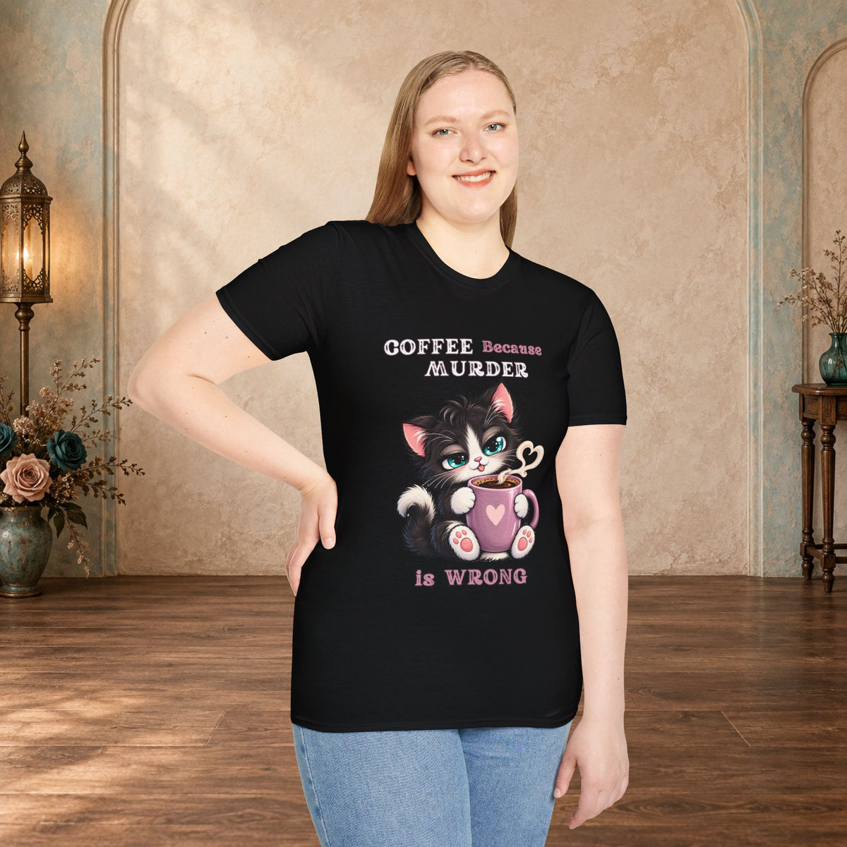 Female model wearing a Black Coffee Because Murder Is Wrong funny kitten graphic T-shirt