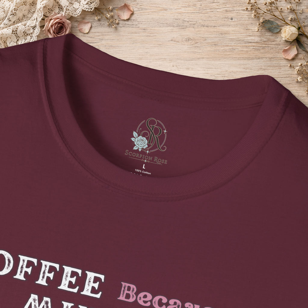 Close-up of the Maroon Coffee Because Murder Is Wrong T-shirt neckline and graphic