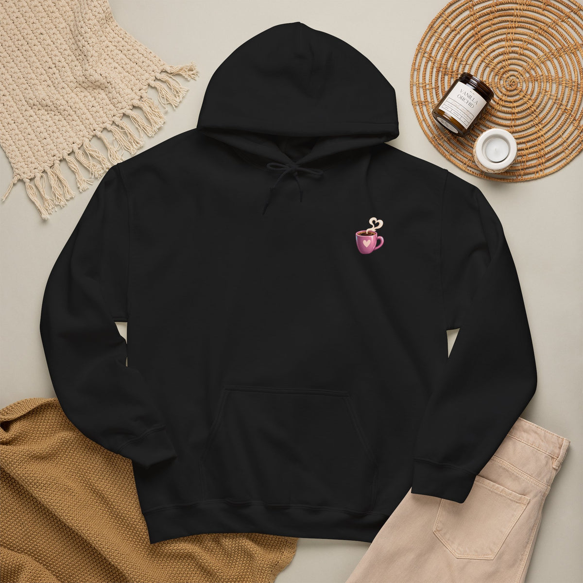 Black Coffee Because Murder Is Wrong hoodie shown flat with a small pink coffee-cup icon on the front