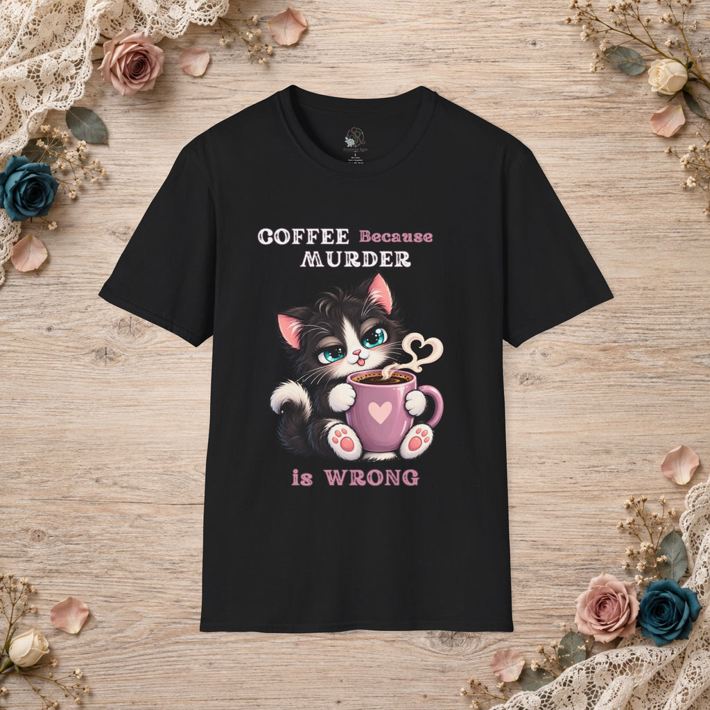 Black Coffee Because Murder Is Wrong T-shirt shown flat with Pink Edition cat artwork