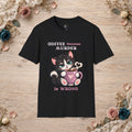 Black Coffee Because Murder Is Wrong T-shirt shown flat with Pink Edition cat artwork