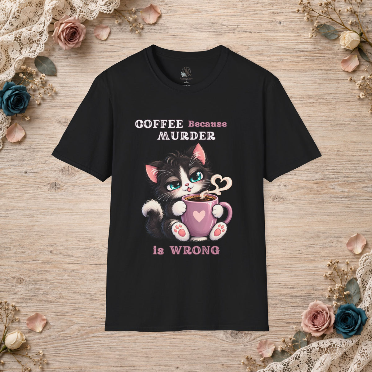 Black Coffee Because Murder Is Wrong T-shirt shown flat with Pink Edition cat artwork