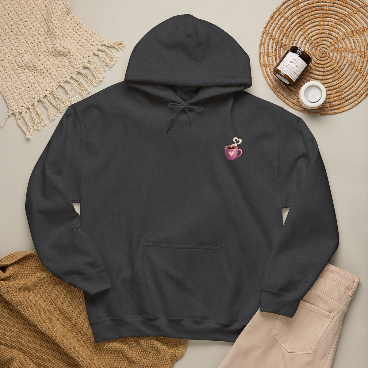 Dark Heather Coffee Because Murder Is Wrong hoodie shown flat with a small pink coffee mug on the front
