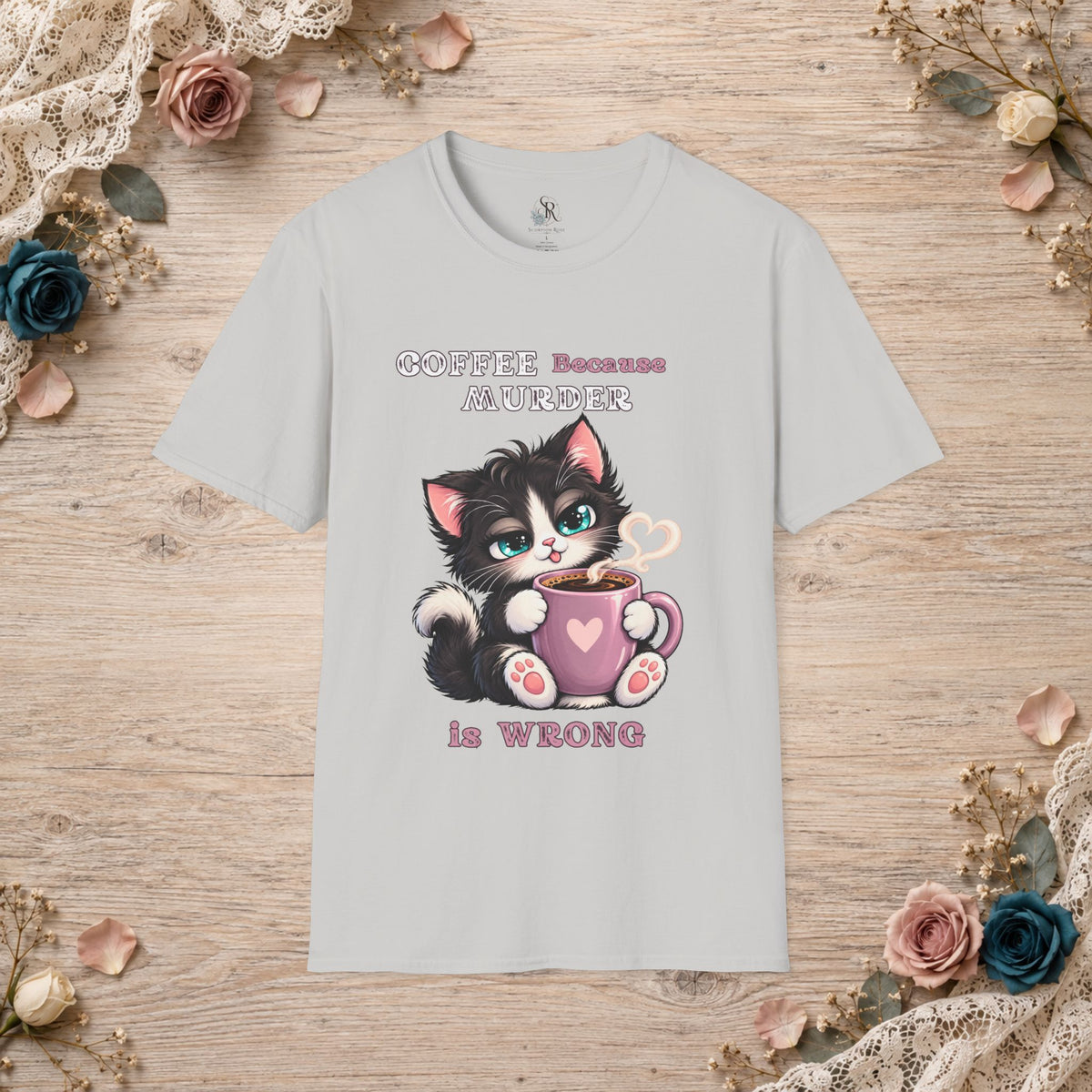 Ice Grey Coffee Because Murder Is Wrong T-shirt shown flat with kitten and pink mug artwork