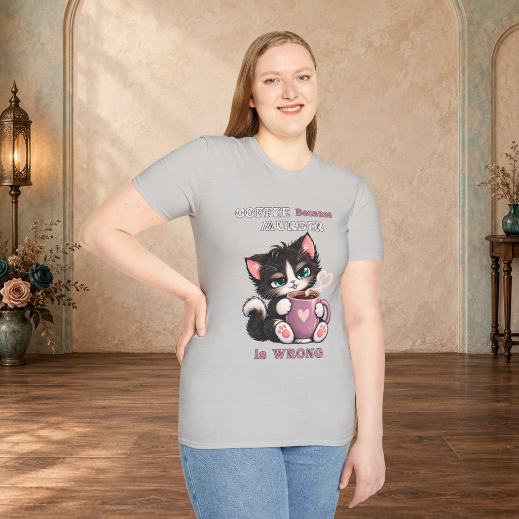 Female model wearing an Ice Grey Coffee Because Murder Is Wrong funny cat T-shirt