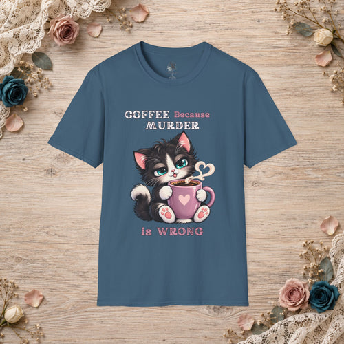 Indigo Blue Coffee Because Murder Is Wrong T-shirt shown flat with a kitten and pink coffee mug