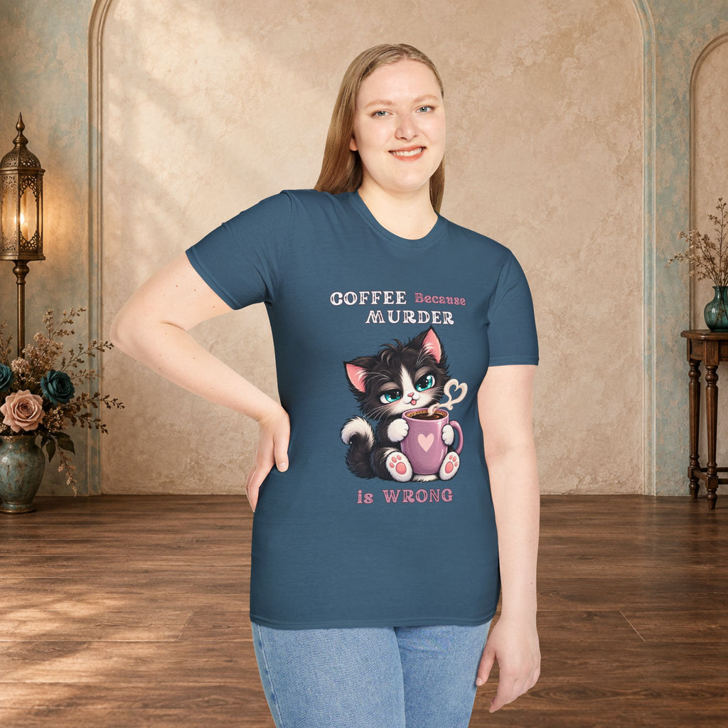 Female model wearing an Indigo Blue Coffee Because Murder Is Wrong funny cat T-shirt in the Pink Edition