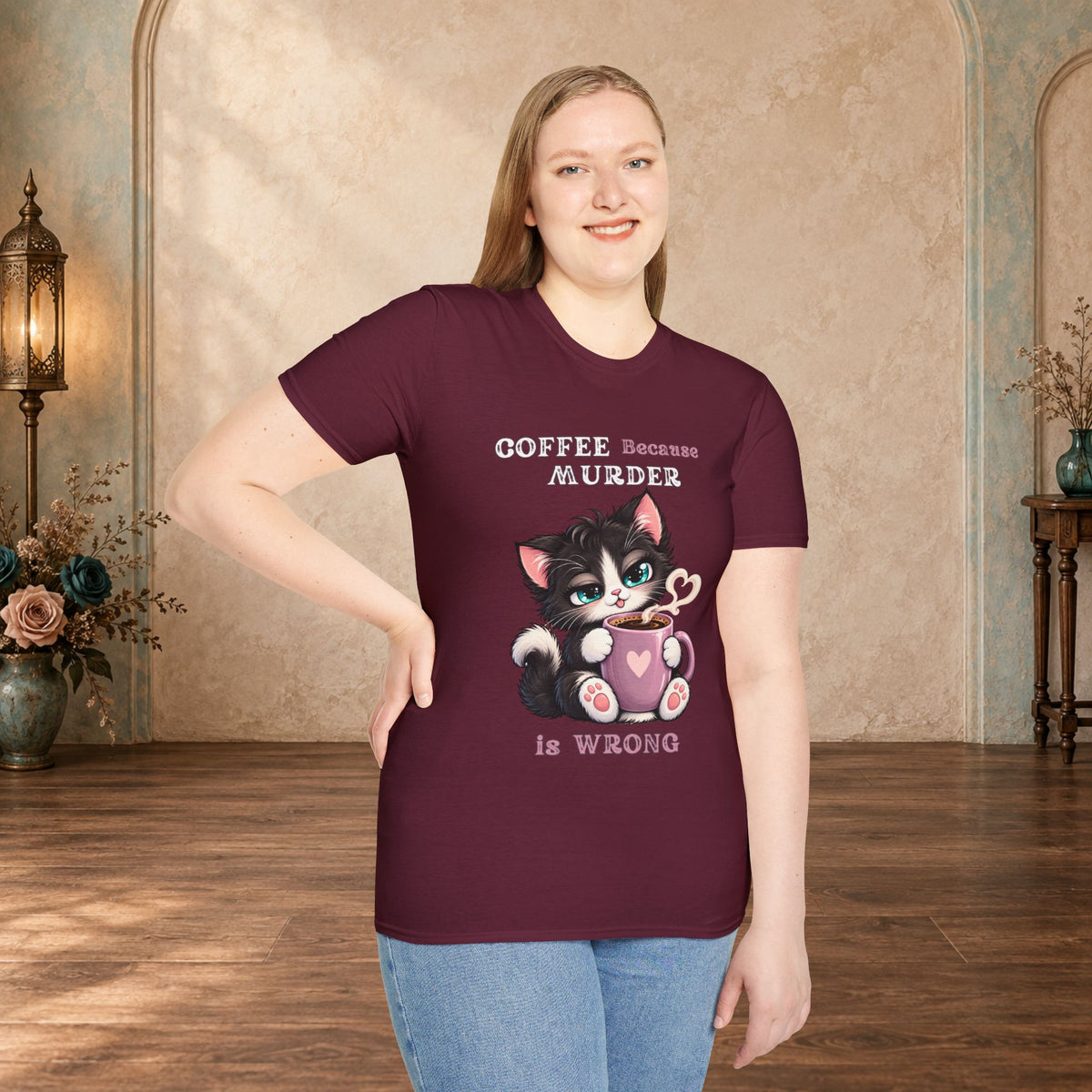 Female model wearing a Maroon Coffee Because Murder Is Wrong cat and coffee T-shirt