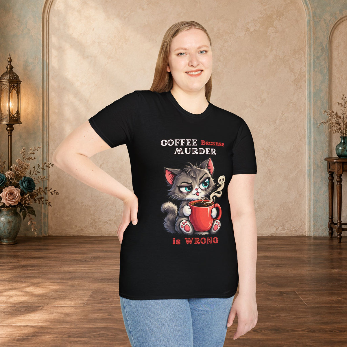Female model wearing a Black Coffee Because Murder Is Wrong Red Edition cat graphic T-shirt