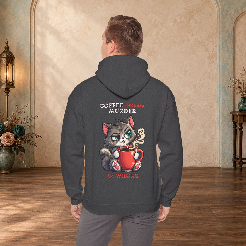 Male model wearing a Dark Heather Coffee Because Murder Is Wrong hoodie with funny cat artwork on the back