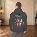 Male model wearing a Dark Heather Coffee Because Murder Is Wrong hoodie with funny cat artwork on the back
