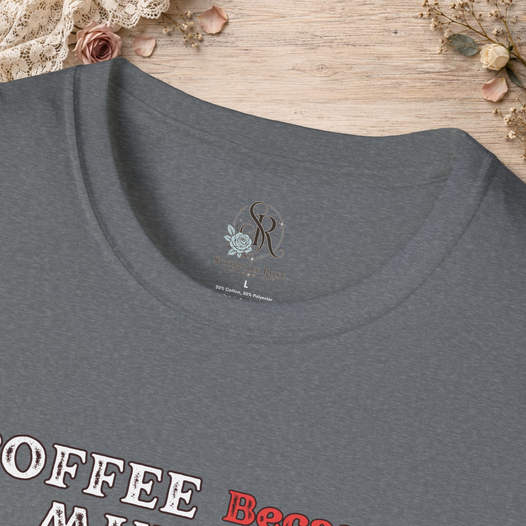 Close-up of the Graphite Heather Coffee Because Murder Is Wrong T-shirt neckline and printed design