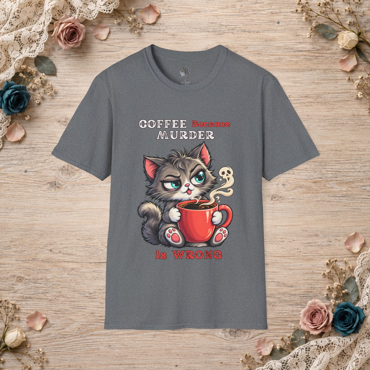 Graphite Heather Coffee Because Murder Is Wrong T-shirt shown flat with a grey kitten and red coffee mug