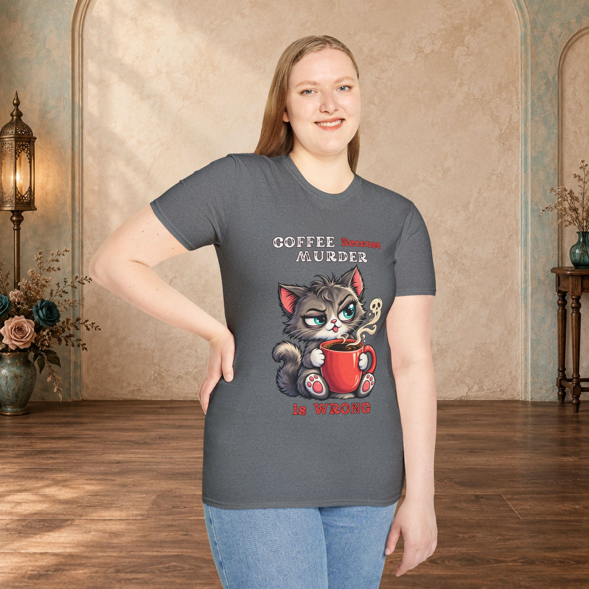 Female model wearing a Graphite Heather Coffee Because Murder Is Wrong Red Edition funny cat T-shirt