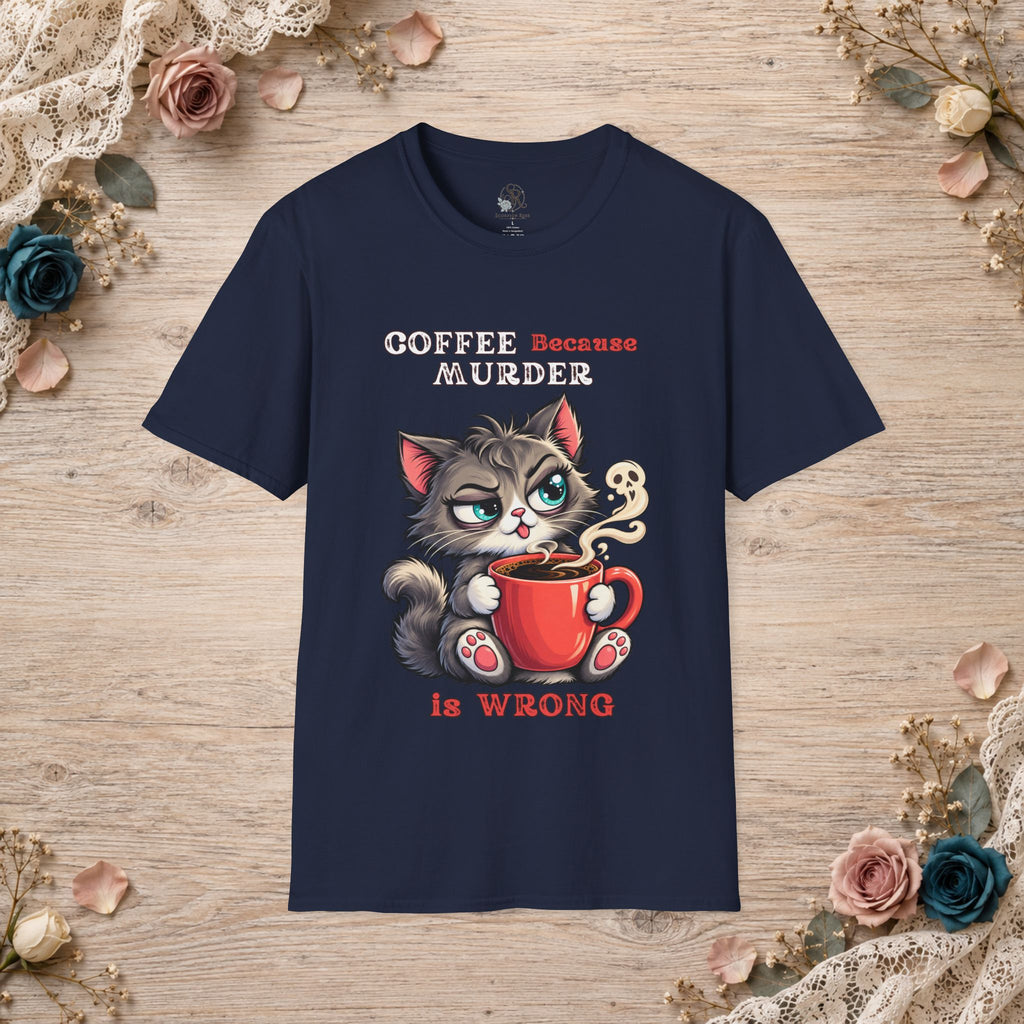 Navy Coffee Because Murder Is Wrong T-shirt shown flat with kitten, red mug, and skull-shaped steam