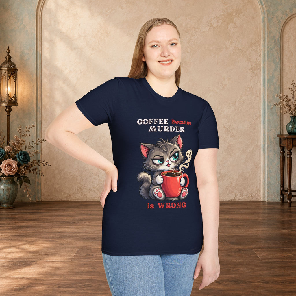 Female model wearing a Navy Coffee Because Murder Is Wrong Red Edition funny cat T-shirt