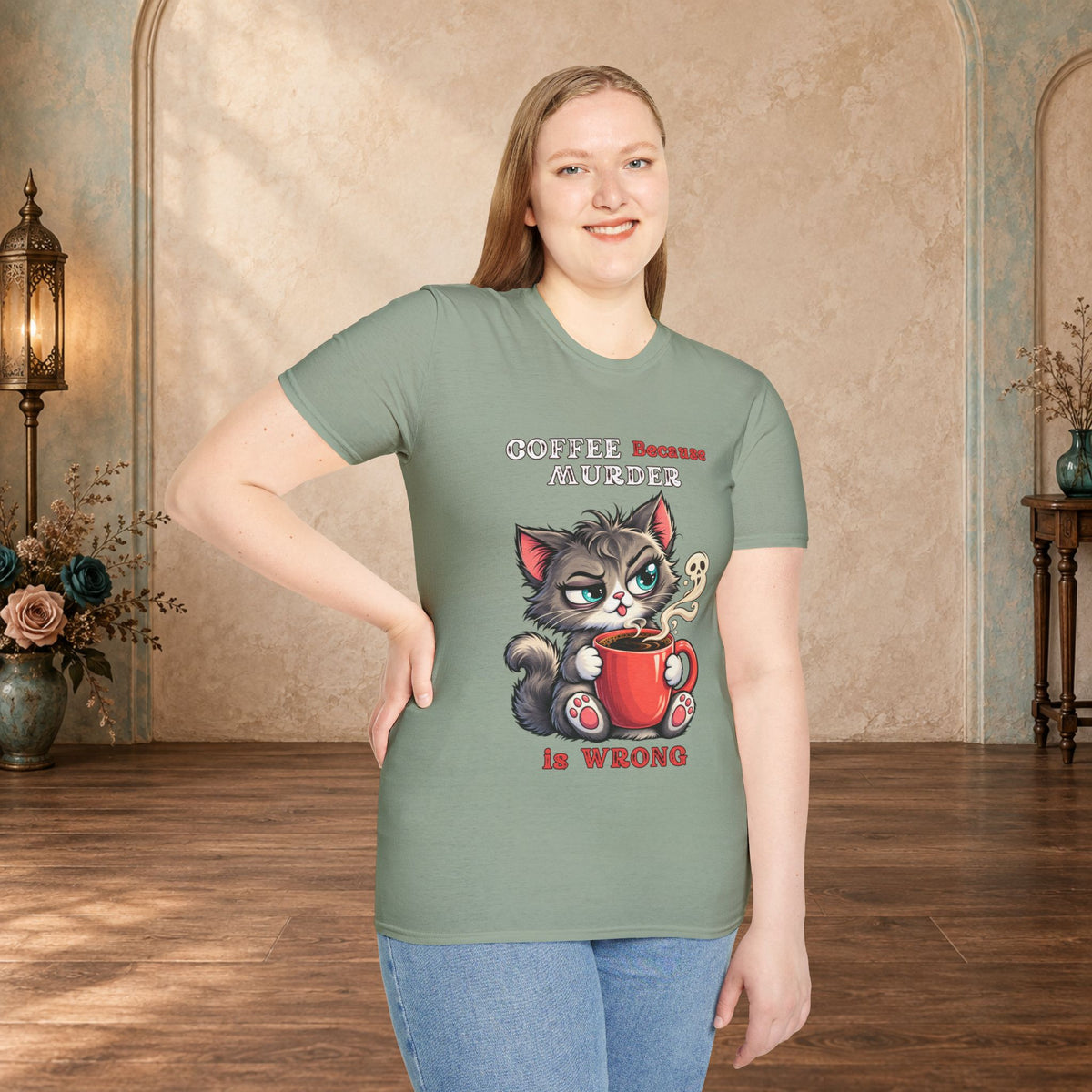 Female model wearing a Sage Coffee Because Murder Is Wrong Red Edition funny cat T-shirt