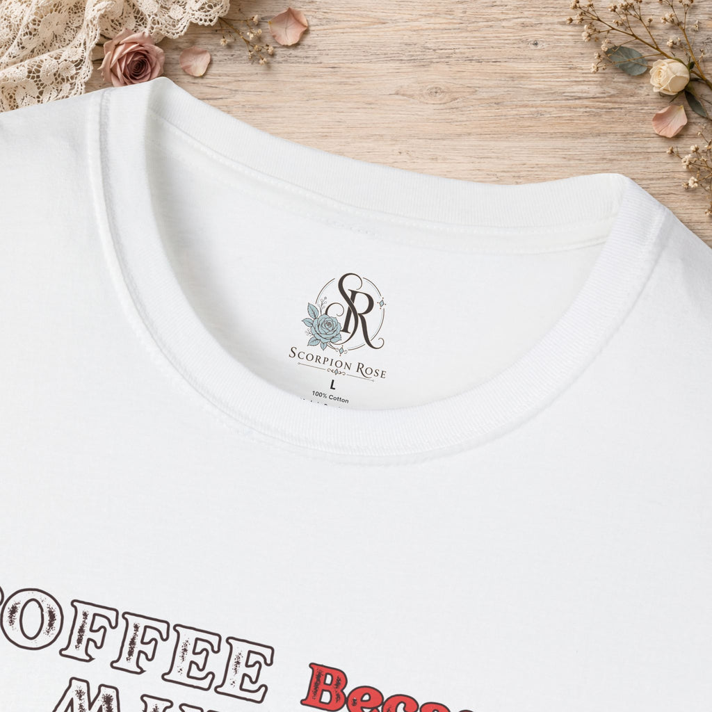 Close-up of the White Coffee Because Murder Is Wrong T-shirt neckline and printed artwork