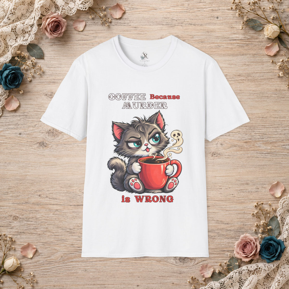 White Coffee Because Murder Is Wrong T-shirt shown flat with grey kitten and red coffee mug design