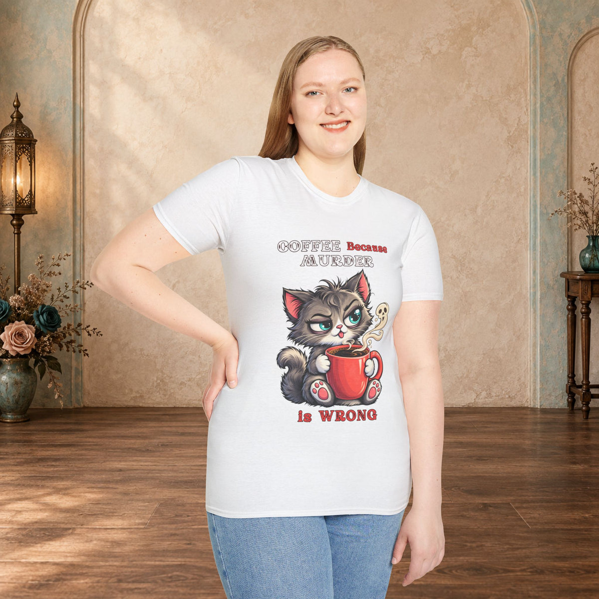Female model wearing a White Coffee Because Murder Is Wrong Red Edition cat and coffee T-shirt