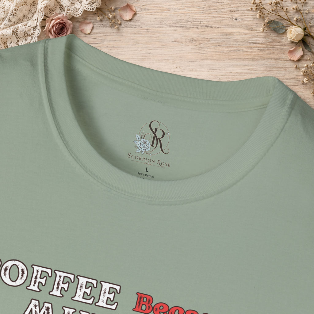 Close-up of the Sage Coffee Because Murder Is Wrong T-shirt neckline and printed design