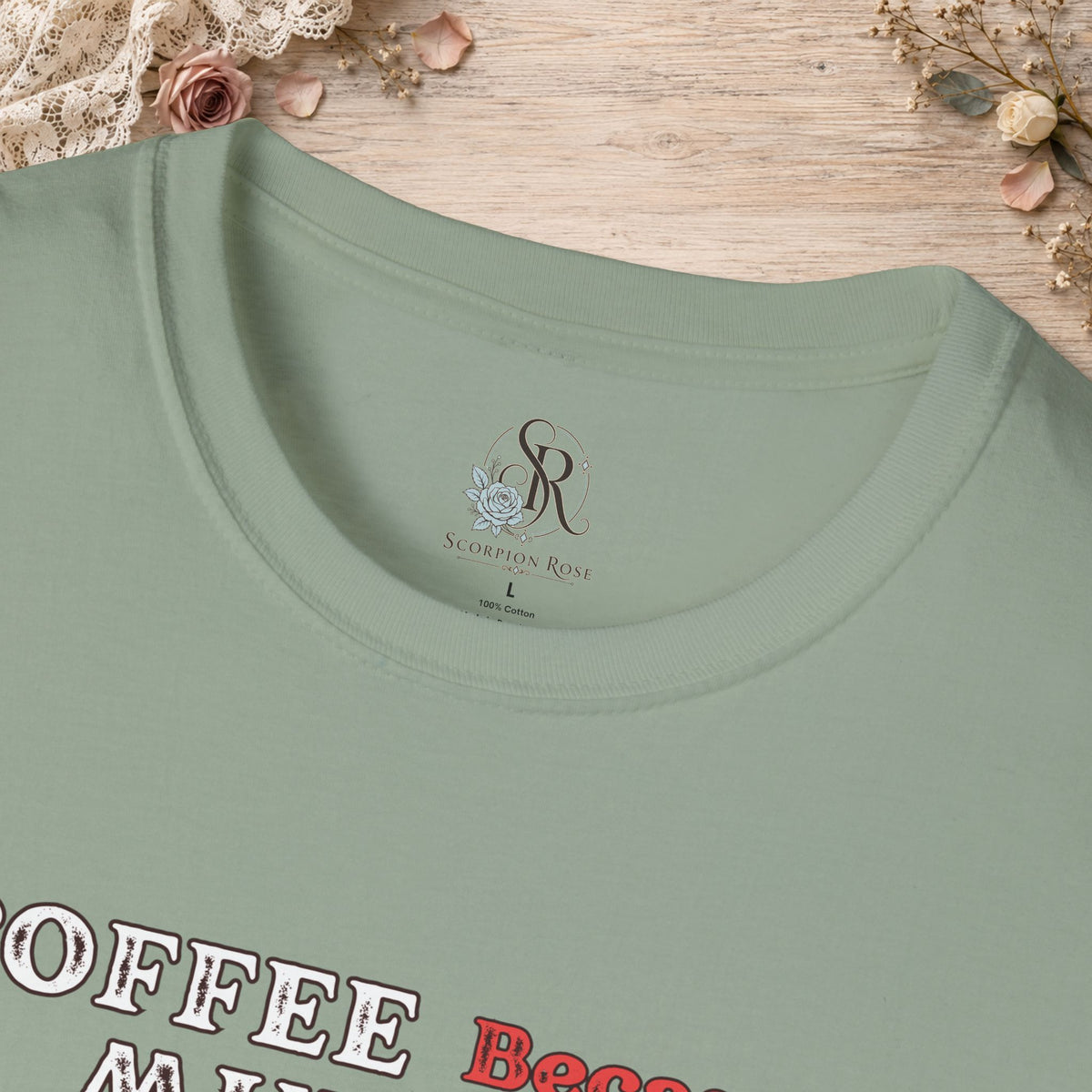 Close-up of the Sage Coffee Because Murder Is Wrong T-shirt neckline and printed design