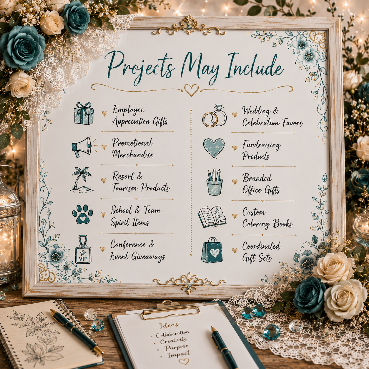 Custom design project ideas including employee gifts, promotional products, event favors, branded office gifts, coloring books, and coordinated gift sets.
